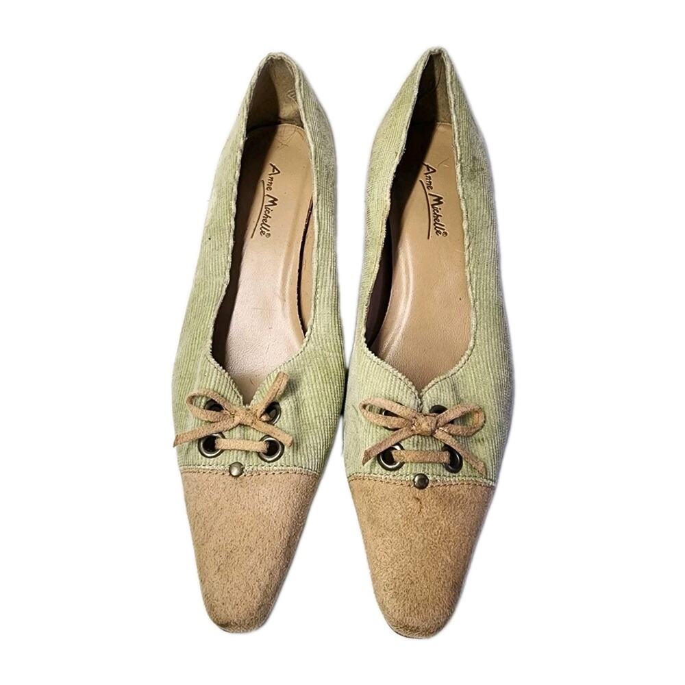 Lace Up Heels Witchy Anne Michelle Easton 6.5 corduroy/suede Sage Green VNT Boho